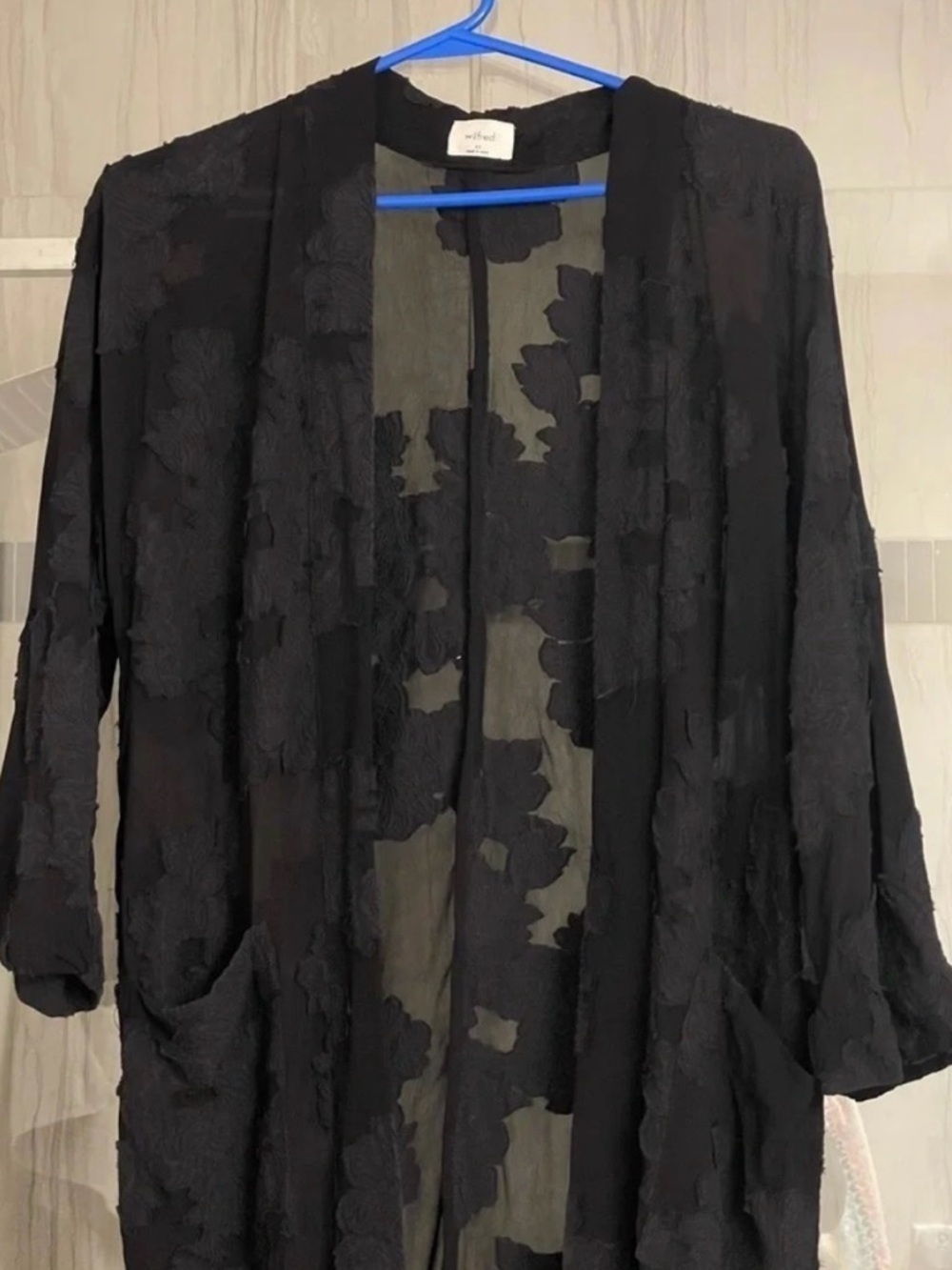 Aritzia WILFRED Durante Black Sheer Floral Jacquard Kimono Robe Jacket, Size XS - Picture 4 of 13